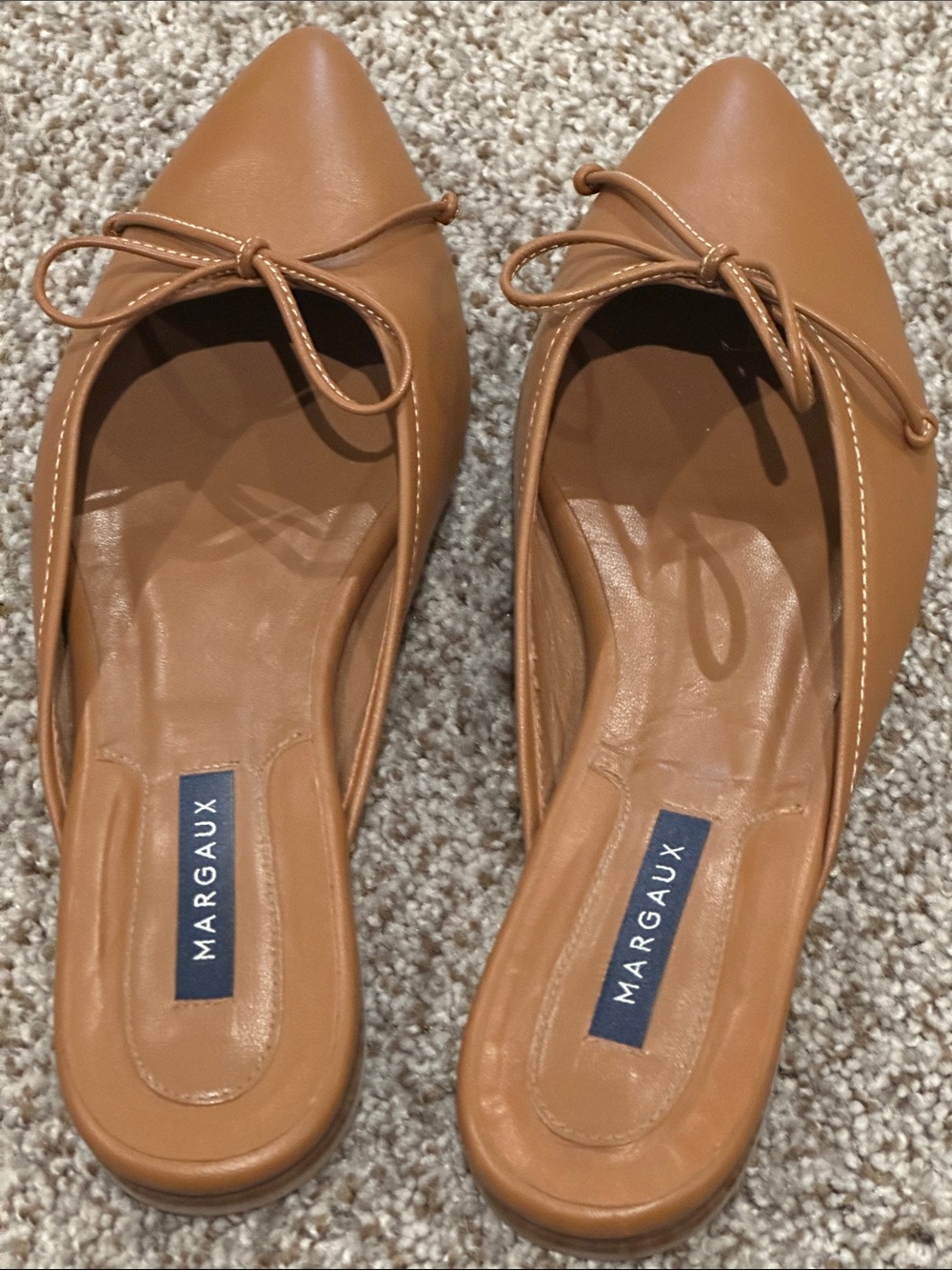 Margaux Caramel Leather Pointed Bow Backless Mules